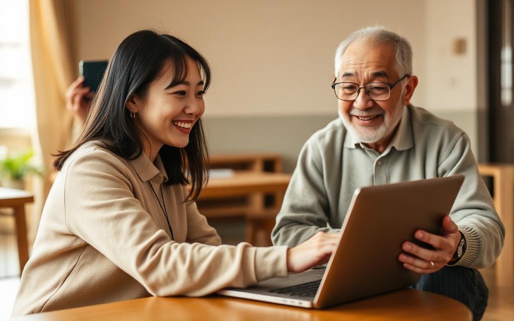 年輕志工協助年長同仁學習使用 AI 工具